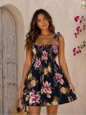 Hibiscus Collection Hawaii Tropical Floral Pineapple
Rayon Tie-Strap Dress | OS